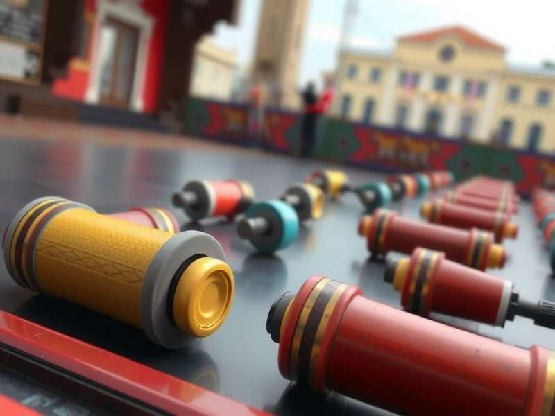 Assorted industrial rollers and casters on a workshop bench