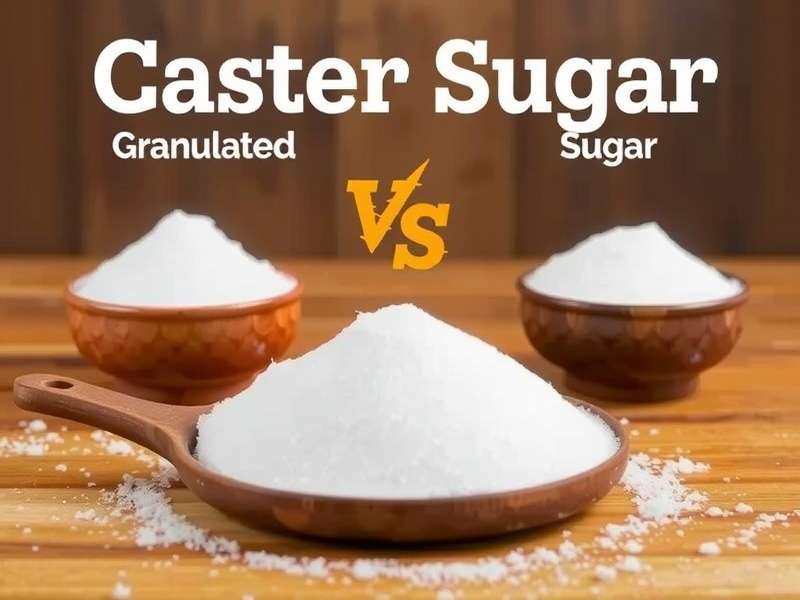 Close-up comparison of caster sugar and granulated sugar crystals on wooden surface