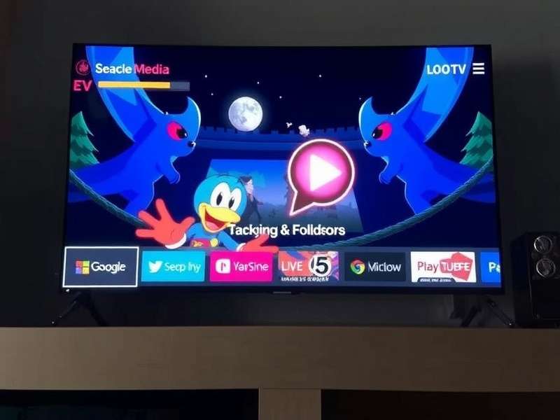 Chromecast device plugged into a TV with a colourful interface on screen