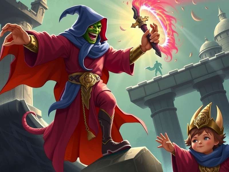 A mystical summoner conjuring a creature in a fantasy landscape