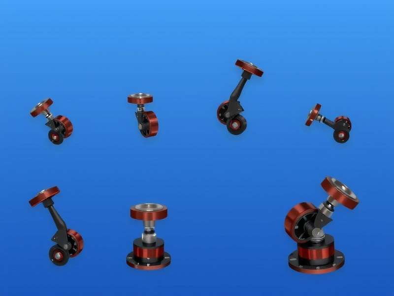 Close-up of a heavy-duty industrial swivel caster with a polyurethane wheel