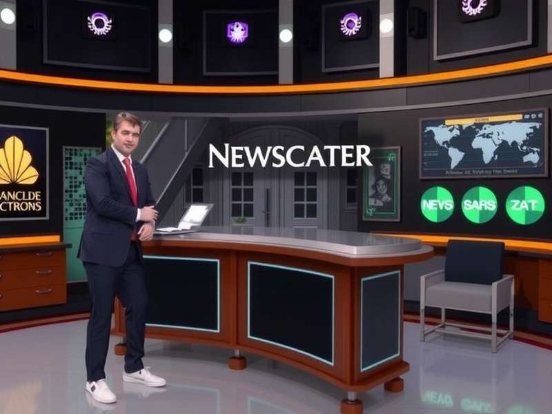 Modern digital news studio with multiple screens and a presenter