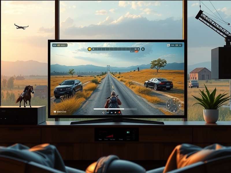 Multiple devices wirelessly connected to a large TV screen displaying a presentation