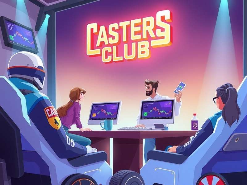 Collage of caster concepts: caste system diagram, bait caster reel, industrial caster wheels, and Chromecast device arranged around the Casters Club logo.
