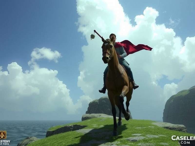 Casterly Rock Horse stallion standing on a rocky outcrop at sunset