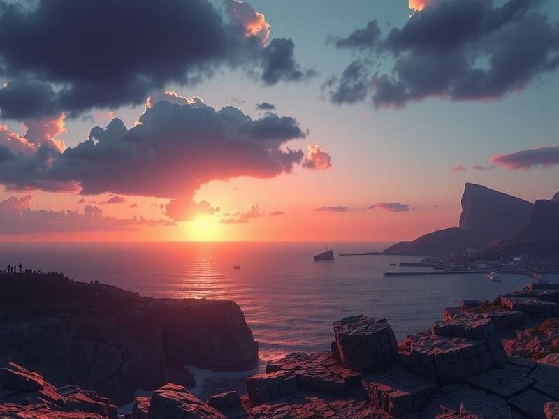 A dramatic panoramic view of Casterly Rock at sunset, with golden light reflecting off the fortress walls and the Sunset Sea stretching beyond